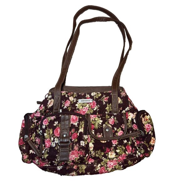 Joe Boxer Handbags - VTG Joe Boxer Shoulder Bag Brown Corduroy Floral Purse Maroon Faux Leather Y2K